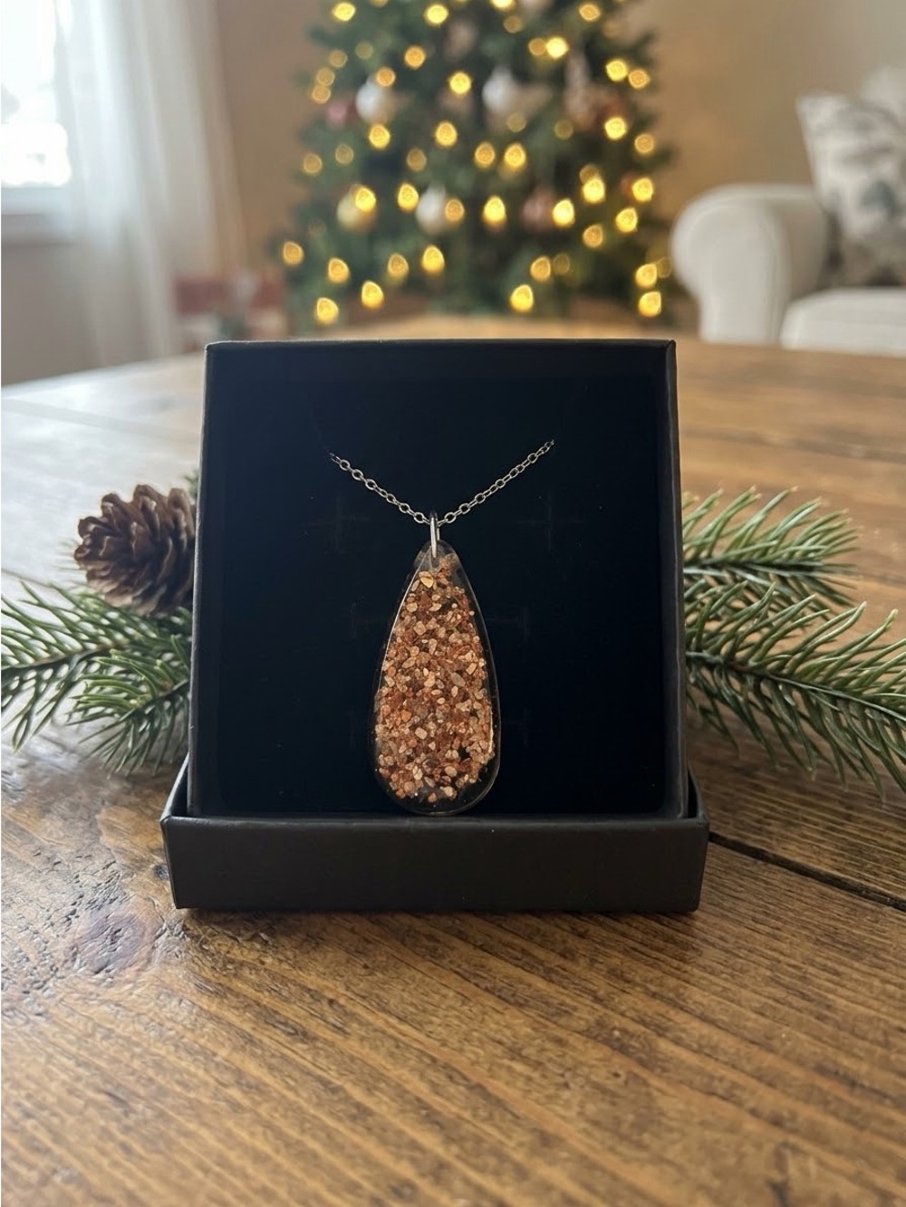 Handcrafted Rose Gold Sparkle Resin Teardrop Pendant Necklace